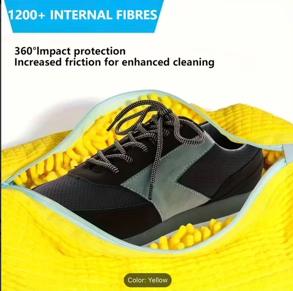 Close-up of a sneaker inside the soft chenille-lined shoe washing bag